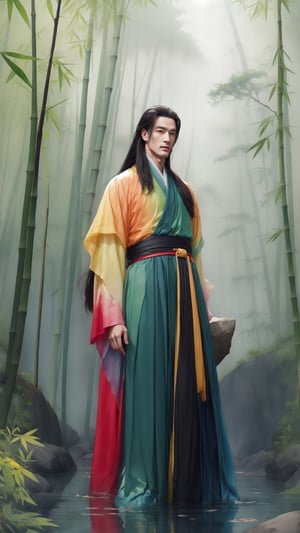 (watercolor artwork), tienhiep, hanfu,  1boy, male focus, (young man),  solo, long black hair, full body, portrait, waterfall and bamboo forest, cedrus tree, crane, (five-color scheme: black-red-green-blue-yellow), fairy, (foggy),  fantasy , dreamy, perfect body ratio,wtrcolor style,watercolor