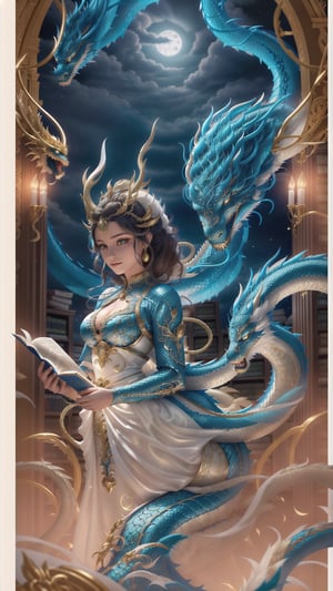 An ancient library bathed in moonlight, where a woman in an ivory gown whispers ancient tales. The gown's delicate embroidery depicts serpentine dragons in thread of gold, their tails trailing into the folds of the fabric. As she turns a page, the dragon's eyes seem to glimmer with a life of their own. Surreal, evocative, detailed, high resolution.