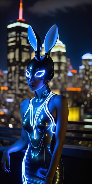 The cyborg hare, her eyes replaced by luminous wires, gazes out at the cityscape. Her latex dress flows like liquid shadows, her glowing fur echoing the neon signs around her. Yet, her face is etched with sorrow, trapped in a world of artificial beauty fueled by the decay she cannot see. (Focus on emotional contrast, the illusion of beauty hiding darkness, and the tragic irony of her blindness)