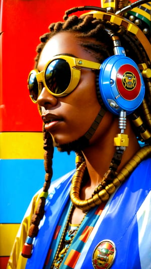 ultra Realistic Retro robot,Wearing reggae fashion, seamlessly blending the cool vibes of reggae, with the nostalgic vintage robot,Envision the robot sporting vibrant colors, Rastafarian-inspired patterns,(Cable-shaped dreadlocks), stylish sunglasses, Emphasize the fusion of reggae culture with the mechanical allure of a retro robot