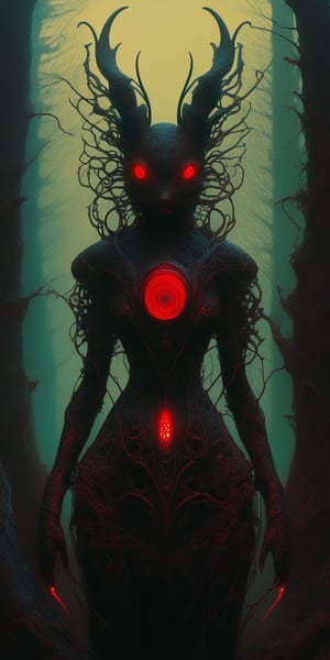 From the depths of a biomechanical forest, the cyborg hare emerges. Her body, a grotesque medley of flesh and steel, contorts in an unsettling dance. Glowing red eyes pierce the oppressive darkness, her latex uniform morphing into writhing tendrils. Beauty morphs into monstrosity in this Beksinski-inspired nightmare. (Focus on disturbing body horror, unsettling atmosphere, and Beksinski's signature nightmarish aesthetic)
