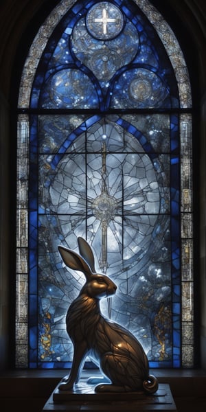 In a crumbling cathedral bathed in moonlight, the cyborg hare kneels before a shattered stained-glass window. Her porcelain face reflects the celestial agony depicted, tears of molten silver trailing down her cheeks. Wires connect her to the fallen glass, whispering forgotten prayers of a technological apocalypse. (Emphasize religious iconography, broken beauty, and the bittersweet contrast between technology and faith),xxmixgirl