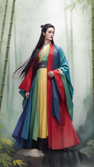 (watercolor artwork), tienhiep, hanfu,  1boy, male focus, (young man),  solo, long black hair, full body, portrait, waterfall and bamboo forest, cedrus tree, crane, (five-color scheme: black-red-green-blue-yellow), fairy, (foggy),  fantasy , dreamy, perfect body ratio,wtrcolor style,watercolor