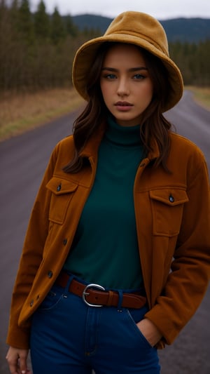 1girl, solo, breasts, blue eyes, brown hair, shirt, long sleeves, medium breasts, standing, jacket, cowboy shot, outdoors, parted lips, open clothes, day, belt, pants, medium hair, blurry, open jacket, lips, looking to the side, blurry background, turtleneck, blue shirt, ground vehicle, motor vehicle, hand in pocket, brown jacket, car, yellow jacket, vehicle focus,y2k