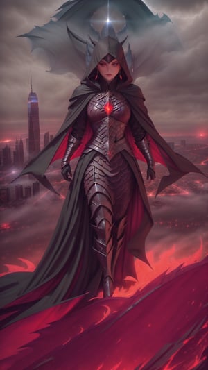 A cloaked figure stands atop a skyscraper, their form silhouetted against the city lights. A gust of wind reveals a glimpse of crimson scales beneath the cloak, and the ruby earring glows with an inner fire. Their gaze, sharp as a dragon's, surveys the city below, their purpose a mystery yet to be revealed. Atmospheric, dramatic, high resolution.