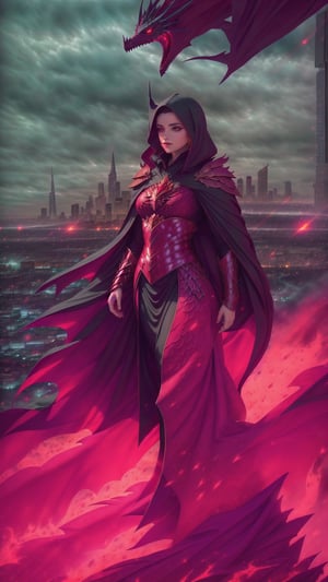 A cloaked figure stands atop a skyscraper, their form silhouetted against the city lights. A gust of wind reveals a glimpse of crimson scales beneath the cloak, and the ruby earring glows with an inner fire. Their gaze, sharp as a dragon's, surveys the city below, their purpose a mystery yet to be revealed. Atmospheric, dramatic, high resolution.