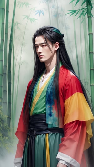 (watercolor artwork), tienhiep, hanfu,  1boy, male focus, (young man),  solo, long black hair, portrait, waterfall and bamboo forest, cedrus tree, crane, (five-color scheme: black-red-green-blue-yellow), fairy, (foggy),  fantasy , dreamy, perfect body ratio,wtrcolor style,watercolor