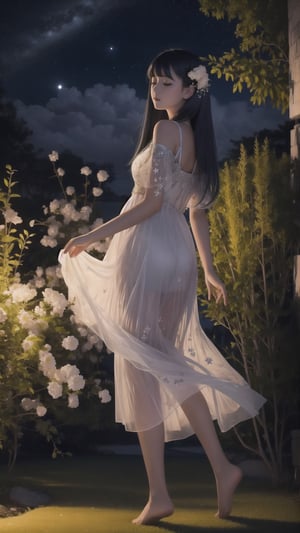 Masterpiece, Best Quality, highres, 1girl, full body, Beneath a star-studded sky, a girl with wind-swept black hair dances amidst a moonlit garden. Her silken slip dress, adorned with iridescent flower embroidery, shimmers like moonlight on water. The whisper of her bare feet on the dew-soaked grass blends with the chirping of crickets, creating a lullaby of the night. Her head tilted back, eyes closed in serene delight, she drinks in the intoxicating fragrance of blooming night jasmine. The camera focuses on the interplay of moonlight and shadow, the delicate details of the floral embroidery, and the ethereal, almost supernatural beauty of the girl in perfect harmony with nature's nocturnal magic,Realism,Detailedface,Portrait