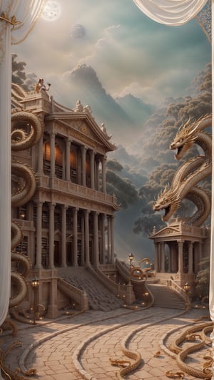 An ancient library bathed in moonlight, where a woman in an ivory gown whispers ancient tales. The gown's delicate embroidery depicts serpentine dragons in thread of gold, their tails trailing into the folds of the fabric. As she turns a page, the dragon's eyes seem to glimmer with a life of their own. Surreal, evocative, detailed, high resolution.