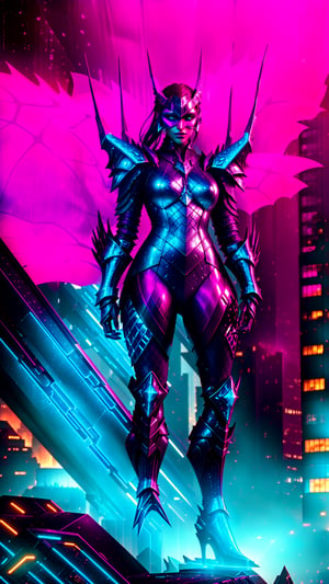 A cyberpunk warrior stands poised, metallic claws glinting in the neon twilight. Their armor, a fusion of sleek technology and dragonhide, reflects the city's pulsating lights. Glitchy, detailed, dramatic, high resolution.