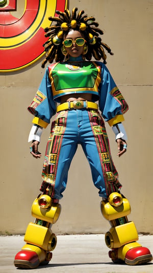 ultra Realistic Retro robot,Wearing reggae fashion, seamlessly blending the cool vibes of reggae, with the nostalgic vintage robot,Envision the robot sporting vibrant colors, Rastafarian-inspired patterns,(Cable-shaped dreadlocks), stylish sunglasses, Emphasize the fusion of reggae culture with the mechanical allure of a retro robot