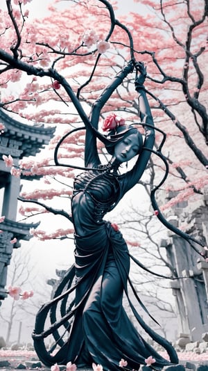 A skeletal figure entwined with blooming cherry blossoms stands amidst a ruined temple. Each delicate petal unfurls from exposed ribs, a macabre dance of life and death amidst ancient stone. Surreal, gothic, high resolution.,flower_core