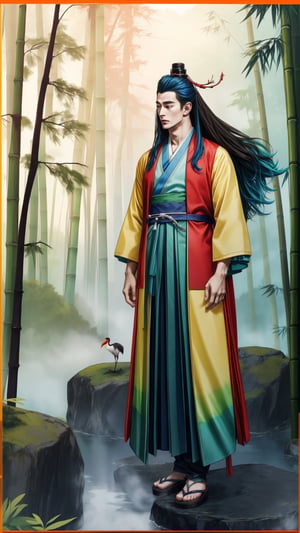 (watercolor artwork), tienhiep, hanfu, hanfu headwear, hanfu footwear, 1boy, (young man),  solo, long black hair, full body, wide shot, waterfall and bamboo forest, cedrus tree, crane, (five-color scheme: black-red-green-blue-yellow), fairy, (foggy), fantasy world, perfect body ratio,wtrcolor style