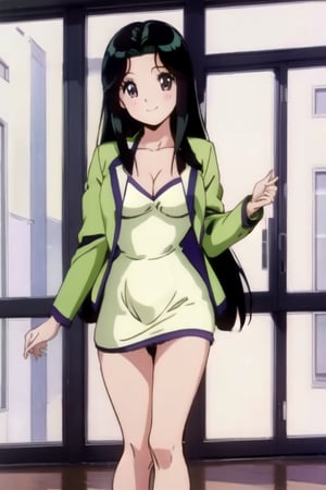 Ritsuko takahashi,  1girl.(ritsuko_nube),  long body, hip move, sexy, on school,  insinuation eyes, panty no showed, long hair,  purple eyes,  green jacket, jacket, park, wind, yellow dress, boob not showed, open jacket,  heels,  on school,  sexy stance, sweet lips, black hair, sit down, smile, hair shining in green, great boobs,  round hips,  showing her glutes, neckline, dancing mové,  arousing face, back, photo from the back, wind on dress, shy, glutes, ritsuko_nube, 
,ritsuko_nube