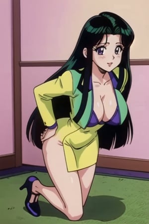 Ritsuko takahashi, 1girl.(ritsuko_nube),full body, long body, sexy insinuation, long hair, purple eyes, green jacket, yellow dress, neckline, open jacket, heels, on school, sexy stance, sweet lips, black hair, hair shining in green, great boobs, round hips, showing her glutes, arousing face, glutes,ritsuko_nube