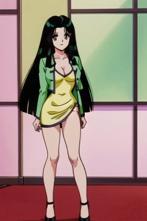 Ritsuko takahashi,  1girl.(ritsuko_nube), full body,  long body, hip move, sexy insinuation,  long hair,  purple eyes,  green jacket, one hand on waist  yellow dress,  neckline,  open jacket,  heels,  on school,  sexy stance,  sweet lips,  black hair,  hair shining in green,  great boobs,  round hips,  showing her glutes,  dancing mové,  arousing face,  glutes, ritsuko_nube, 
