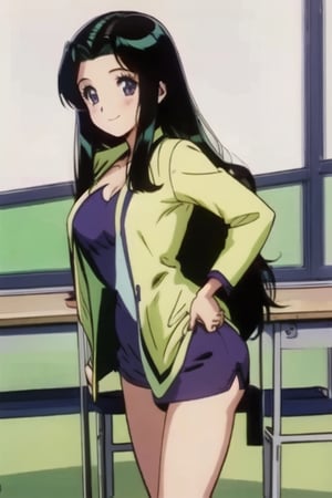 Ritsuko takahashi,  1girl.(ritsuko_nube),  long body, hip move, sexy, on school,  insinuation eyes, panty no showed, long hair,  purple eyes,  green jacket, jacket, park, wind, yellow dress, boob not showed, open jacket,  heels,  on school,  sexy stance, sweet lips, black hair, sit down, smile, hair shining in green, great boobs,  round hips,  showing her glutes, neckline, dancing mové,  arousing face, back, photo from the back, wind on dress, shy, glutes, ritsuko_nube, 
,ritsuko_nube