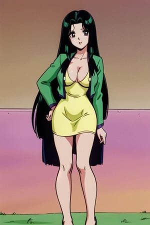 Ritsuko takahashi, 1girl.(ritsuko_nube), sexy, long hair, purple eyes, green jacket, yellow dress, neckline, open jacket, heels, on school, sexy stance, sweet lips, black hair, hair shining in green, great boobs, round hips, showing her glutes,ritsuko_nube