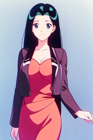 1girl.(ritsuko_nube),long hair, purple eyes,green jacket, yellow dress,neckline,open jacket,heels,on school, sexy stance, sweet lips, black hair, hair shining in green, great boobs, round hips