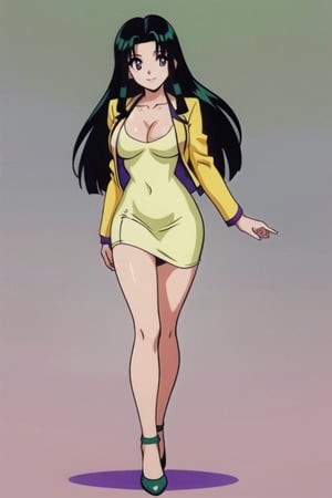 Ritsuko takahashi,  1girl.(ritsuko_nube), full body,  long body, hip move, sexy, on school,  insinuation eyes, panty no showed, long hair,  purple eyes,  green jacket, jacket, park, wind, yellow dress, boob not showed, boob closed UP, open jacket,  heels,  on school,  sexy stance, sweet lips, black hair, sit down, smile, hair shining in green, great boobs,  round hips,  showing her glutes, neckline, dancing mové,  arousing face, back, photo from the back, wind on dress, shy, glutes, ritsuko_nube, 
