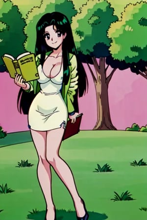 Ritsuko takahashi,  1girl.(ritsuko_nube), full body,  long body, hip move, sexy, reading, book, insinuation, garden,  long hair,  purple eyes,  green jacket, jacket, park, trees, wind, yellow dress,  neckline,  open jacket,  heels,  near school,  sexy stance, sweet lips, black hair, sit down, smile, hair shining in green, great boobs,  round hips,  showing her glutes, neckline, dancing mové,  arousing face,  glutes, ritsuko_nube, 
,ritsuko_nube