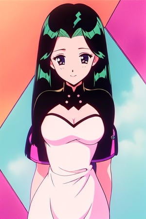 1girl.(ritsuko_nube),long hair, purple eyes,green jacket, yellow dress,neckline,open jacket,heels,on school, sexy stance, sweet lips, black hair, hair shining in green, great boobs, round hips