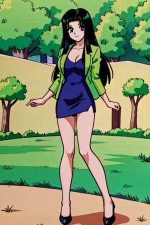 Ritsuko takahashi,  1girl.(ritsuko_nube), full body,  long body, hip move, sexy, on school, insinuation, garden,  long hair,  purple eyes,  green jacket, jacket, park, trees, wind, yellow dress,  neckline,  open jacket,  heels,  near school,  sexy stance, sweet lips, black hair, sit down, smile, hair shining in green, great boobs,  round hips,  showing her glutes, neckline, dancing mové,  arousing face,  glutes, ritsuko_nube, 
,ritsuko_nube