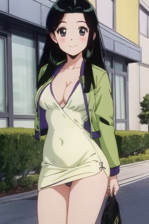 Ritsuko takahashi,  1girl.(ritsuko_nube),  long body,  hip move,  sexy,  on school,  insinuation eyes,  panty no showed,  long hair,  purple eyes,  green jacket,  jacket,  park,  wind,  yellow dress,  boob not showed,  open jacket,  heels,  on school,  sexy stance,  sweet lips,  black hair,  sit down,  smile,  hair shining in green,  great boobs,  round hips,  showing her glutes,  neckline,  dancing mové,  arousing face,  back,  photo from the back,  wind on dress,  shy,  glutes,  ritsuko_nube,  ritsuko_nube,ritsuko_nube