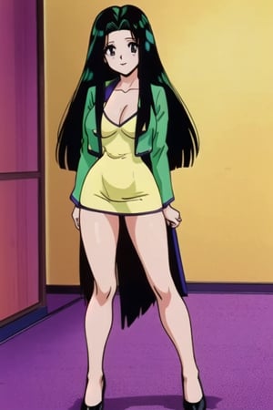 Ritsuko takahashi,  1girl.(ritsuko_nube), full body,  long body,  sexy insinuation,  long hair,  purple eyes,  green jacket, one hand on waist  yellow dress,  neckline,  open jacket,  heels,  on school,  sexy stance,  sweet lips,  black hair,  hair shining in green,  great boobs,  round hips,  showing her glutes,  dancing mové,  arousing face,  glutes, ritsuko_nube, 
