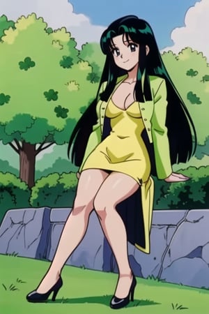 Ritsuko takahashi,  1girl.(ritsuko_nube), full body,  long body, hip move, sexy, on school,  insinuation eyes, garden,  long hair,  purple eyes,  green jacket, jacket, park, trees, wind, yellow dress,  neckline,  open jacket,  heels,  on school,  sexy stance, sweet lips, black hair, sit down, smile, hair shining in green, great boobs,  round hips,  showing her glutes, neckline, dancing mové,  arousing face, back, photo from the back, wind on dress, shy, glutes, ritsuko_nube, 
