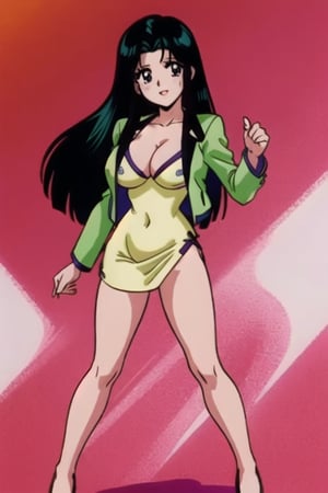 Ritsuko takahashi,  1girl.(ritsuko_nube), full body,  long body, hip move, sexy insinuation,  long hair,  purple eyes,  green jacket, one hand on waist  yellow dress,  neckline,  open jacket,  heels,  on school,  sexy stance, sweet lips, black hair,  hair shining in green, great boobs,  round hips,  showing her glutes, neckline, dancing mové,  arousing face,  glutes, ritsuko_nube, 
