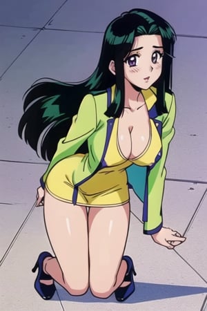 Ritsuko takahashi, 1girl.(ritsuko_nube),full body, long body, sexy insinuation, long hair, purple eyes, green jacket, yellow dress, neckline, open jacket, heels, on school, sexy stance, sweet lips, black hair, hair shining in green, great boobs, round hips, showing her glutes, arousing face, glutes,ritsuko_nube