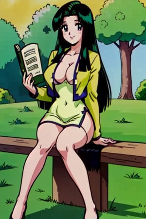 Ritsuko takahashi,  1girl.(ritsuko_nube), full body,  long body, hip move, sexy, reading, book, insinuation, sitting on the garden,  long hair,  purple eyes,  green jacket, jacket, park, trees, wind, yellow dress,  neckline,  open jacket,  heels,  near school,  sexy stance, sweet lips, black hair, sit down, smile, hair shining in green, great boobs,  round hips,  showing her glutes, neckline, dancing mové,  arousing face,  glutes, ritsuko_nube, 
,ritsuko_nube