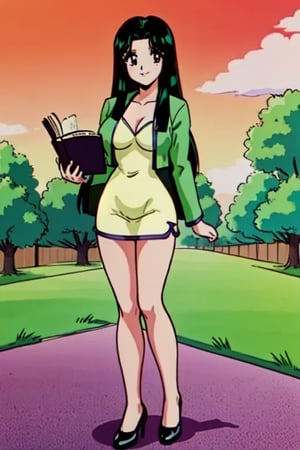 Ritsuko takahashi,  1girl.(ritsuko_nube), full body,  long body, hip move, sexy, reading, book, insinuation, garden,  long hair,  purple eyes,  green jacket, jacket, park, trees, wind, yellow dress,  neckline,  open jacket,  heels,  near school,  sexy stance, sweet lips, black hair, sit down, smile, hair shining in green, great boobs,  round hips,  showing her glutes, neckline, dancing mové,  arousing face,  glutes, ritsuko_nube, 
,ritsuko_nube