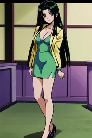 Ritsuko takahashi, 1girl.(ritsuko_nube), long hair, purple eyes, green jacket, yellow dress, neckline, open jacket, heels, on school, sexy stance, sweet lips, black hair, hair shining in green, great boobs, round hips, showing her glutes