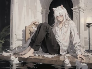 male gender,  man,  boy,  male,  1 man, 1guy, shy,  weak,  fragile,  suffering from pain,  tears,  crying,  saliva leaking,  swearing, pink blush on eyes and face,  full_body,  white hair,  long boy hair,  long hair man,  wet body,  white shirt half open, black pants, can see legs, sitting down, white cat ears, 1guy, oil painting