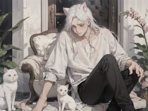 male gender,  man,  boy,  male,  1 man, 1guy, shy,  weak,  fragile,  suffering from pain,  tears,  crying,  swearing, pink blush on eyes and face,  full_body,  white hair,  long boy hair,  long hair man,  wet body,  white shirt half open, black pants, can see legs, sitting down, white cat ears, 1guy, oil painting