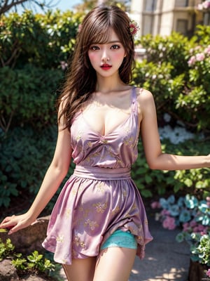 (pink dress), high resolution,(masterpiece),(best quality),(8K raw photo), realistic,(finely detailed beautiful eyes and face), full body, skinny, beauty legs,((tiny breasts)),(thin waist),((sexually suggestive)),(perfect pussy),(camel toe),(panties), hyper extreme detailed body,(sexy pose),(Clothes Between Breasts),colorful_girl_v2