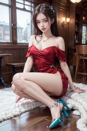 In the pub , Full body,Realistic photos,wearing red tight dress:8,high heels, masterpiece, highest quality, nipples visible , panties visible , bright gentle green eyes, necklace,(Off-the-shoulder:1.2),bracelet, bright snow-white skin, high detail skin,high ponytail, brown hair, delicate hairpin, delicate beautiful face, Tsundere expression,studio lighting,Girl ,medium breasts,shy, 1girl,DSKBSP,jennie