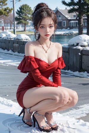 Outdoor, Full body,Realistic photos,wearing red tight dress:8,high heels, masterpiece, highest quality, nipples visible:0.2 , panties visible:0.2 , bright gentle green eyes, necklace,(Off-the-shoulder:1.2),bracelet, bright snow-white skin, high detail skin,high ponytail, brown hair, delicate hairpin, delicate beautiful face, Tsundere expression,studio lighting,Girl ,medium breasts,shy, 1girl,DSKBSP,jennie