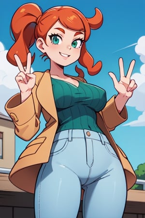 sonia, 1girl, solo_female, green_blouse, light_pant, brown_jacket, orange_hair, smile_face, big_breasts, looking_at_viewer, poke_balls, 4k, high_resolution