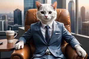 Best quality, (Masterpiece) a white cat, brown eyes,(black birthmark on right face :1.5),alone, cute, kitten, sitting posture, anthropomorphic, serious expression, pet fashion, careful expression, Animal portrait, HD, HDR,UHD, 8K, highly detailed, realistic, (photo realistic :1.27)), blurred background, full body, Side, Tie, Business, Clothing, T-shirt, black leather shoes, Suit, pants, in a high-rise office, sitting on a couch, coffee cups on the coffee table, with high-rise buildings in the background