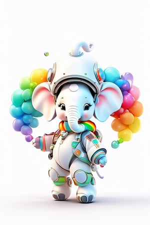 Imagine, digital art, full body, art, artist, head-up, a cute white elephant in a space suit with its nose up and a rainbow silk scarf around its neck in a floating stretch pose with an infinite feature pattern on it and a cute helmet. Capture this blend of technology and magic charm, |(white background :1.2), simple background, |(symmetric) super super cute, photography super super high detail super realistic images, 32k ultra high HDR high quality images, masterpieces,  logo little cute  elephant baby astronaut,9 [shy, eating, sad, disappointed, crying, cute, happy, overwhelmed, expecting ]