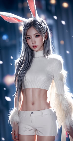 the fur beautiful, body, full body, fluff skin,fantasy, subsurface scattering, perfect anatomy, glow, bloom, Bioluminescent liquid,zen style,Movie Still, cold color, vibrant, volumetric light (masterpiece, top quality, best quality, official art, beautiful and aesthetic:1.2), (1 cat),extreme detailed,(abstract, fractal art:1.3),colorful hair,highest detailed, detailed_eyes, snowing, smoke bubbles, light_particles,lop-eared bunny girl,babyface, perfect body, five fingers, perfect hands, anatomically perfect body, sexy posture,(black eyes),(gray hair), very long hair, long white fur sweater dress,white fur bike_shorts,kemono,dynamic angle,depth of field, hyper detailed, highly detailed, beautiful, small details, ultra detailed, best quality, 4k,((whole body)),taeyeonlorashy