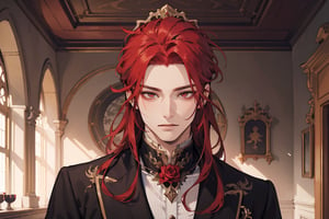 (masterpiece, best quality, niji style),  male, vampire, niji, castle room interior background, black rose on a head, red hair hair, realistic