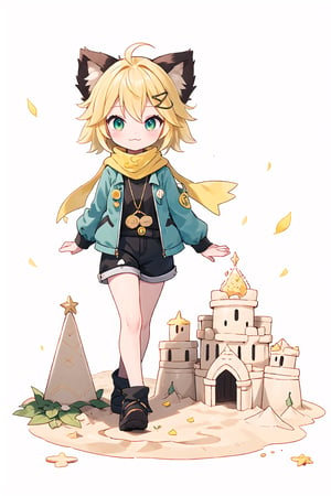 1 Girl chibi, short blonde hair, brown animal ears, green eyes, hairpin, long yellow scarf, a strand of hair standing up, short black t-shirt, green short jacket, joy, "wavy and dynamic movement Floating pastel flower petals Anime soft. Cute, short blonde hair, animal ears brown, hairpin, yellow scarf, pendant, green rolled up jacket, short black t-shirt, shorts, White background, Colorful pointed flag scribbles, beads :3, Sand, small bucket, sand castle 