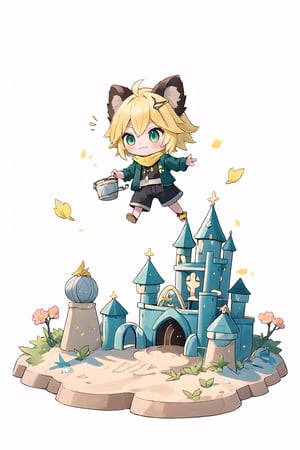 1 Girl chibi, short blonde hair, brown animal ears, green eyes, hairpin, long yellow scarf, a strand of hair standing up, short black t-shirt, green short jacket, joy, "wavy and dynamic movement Floating pastel flower petals Anime soft. Cute, short blonde hair, animal ears brown, hairpin, yellow scarf, pendant, green rolled up jacket, short black t-shirt, shorts, White background, Colorful pointed flag scribbles, beads :3, Sand, small bucket, sand castle 