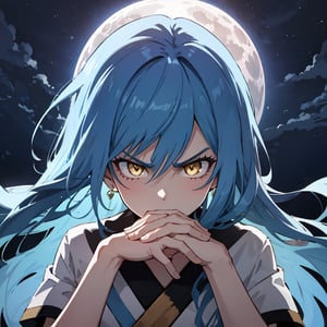 1 girl, in the room, long hair, blue hair, yellow eyes, black t-shirt, short sleeves, robe, night, bright moon, part of the face, angry, hands pose, angry eyebrows, serious face, upper body,Gendou pose 