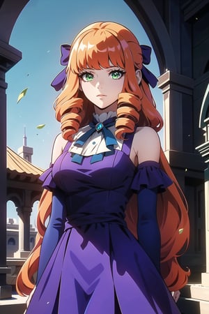 ((masterpiece, best quality)), absurdres, Detailed image, stop,1girl, masterpiece, best quality, best quality, beautiful and aesthetic),Guinevere_ML, solo, long purple dress, looking at viewer, cowboy shot, cinematic composition Long orange hair curled with a blue ribbon behind her head, green eyes, 