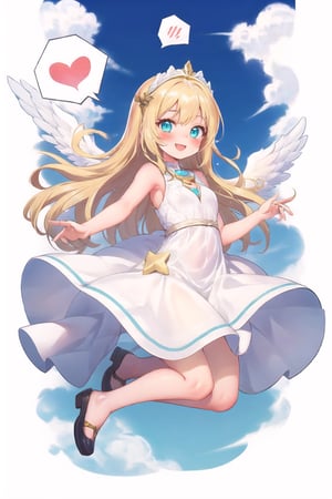 conceptual design, white background, 1girl, hair accessories, blonde hair, Aqua eyes, white dress, sleeveless, decoration, full body, smile, pose Flying, clouds everywhere, blue sky blushing, speech bubble, star, RafaDewi,Angel,RafaGoddess, 